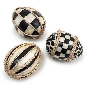 Mackenzie-Childs Courtly Check Woodland Capiz Eggs Set of 3 Easter Decor NEW